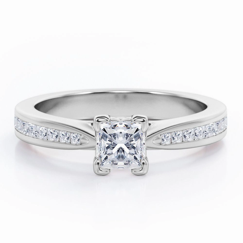 Contemporary Token Chevron Prong - 0.40 TCW Princess Cut Diamond - Channel Set Engagement Ring - 10K White Gold