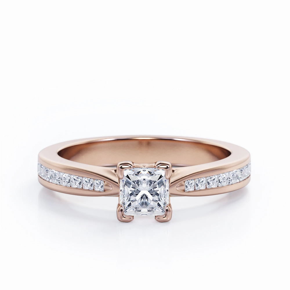 Chevron Prong - 0.40 TCW Princess Cut Diamond - Channel Set Engagement Ring - 10K White Gold Hypoallergenic Statement Assembly Required