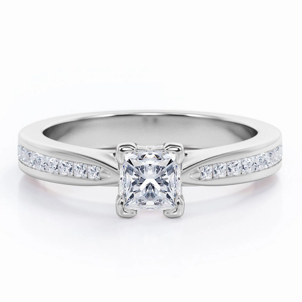 Winter Look Chevron Prong - 0.40 TCW Princess Cut Diamond - Channel Set Engagement Ring - 10K White Gold