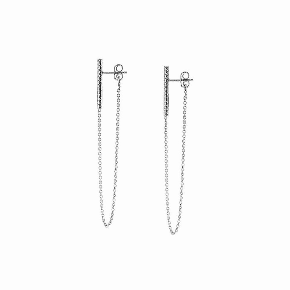 Lovely Item Beautiful Feature Front Back Chain Bar Drop Earrings Rhodium on Sterling Silver