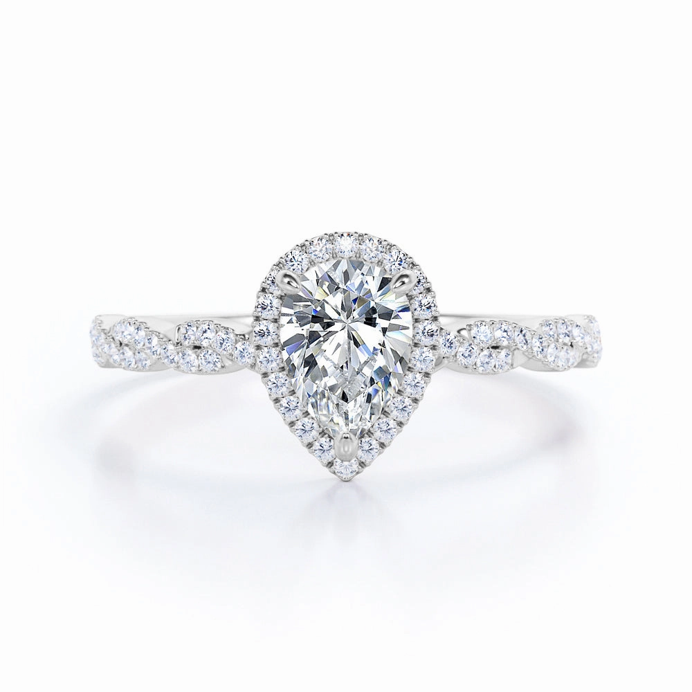 1.25 Carat Pear Moissanite Infinity Engagement Ring Mid Century Timeless Detail