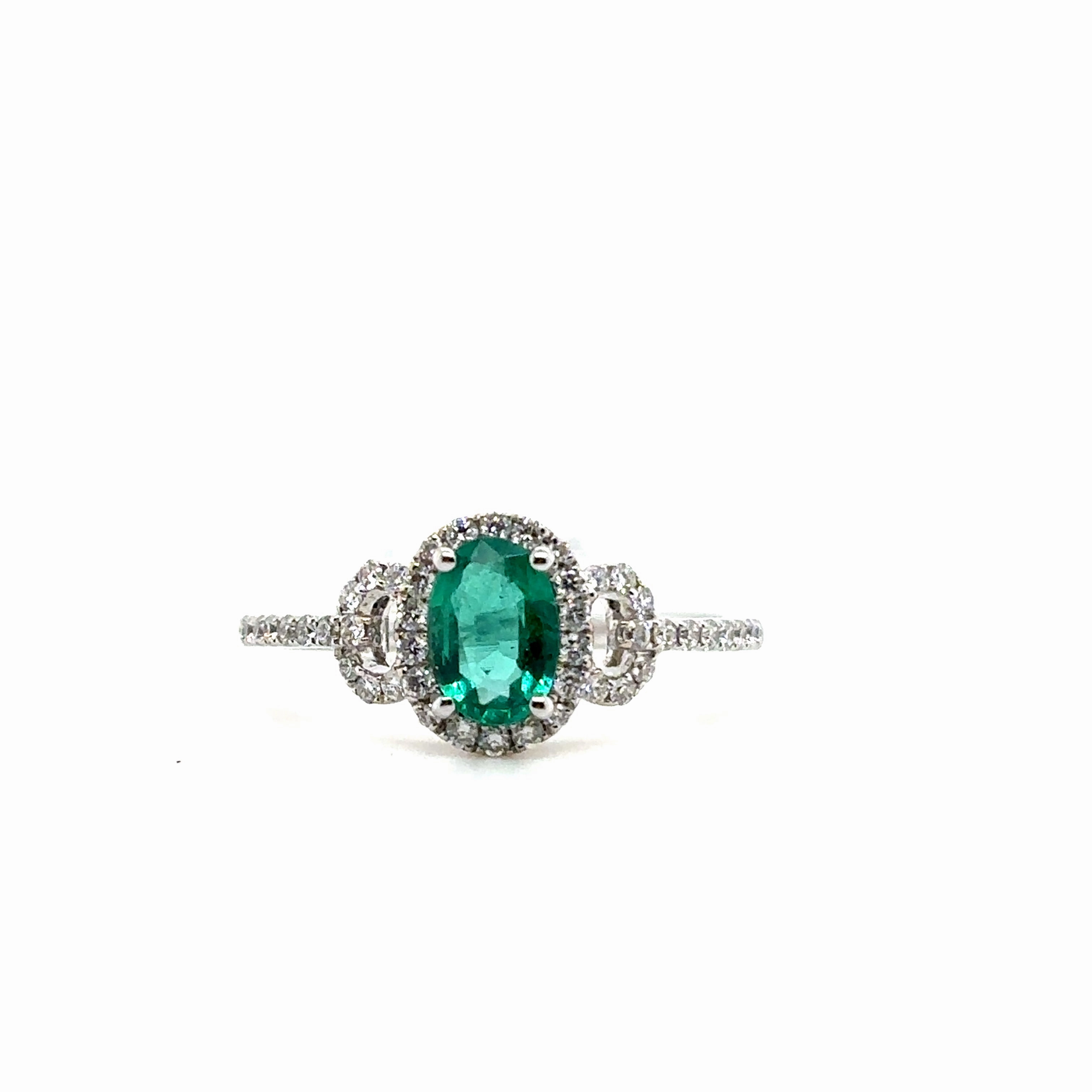 Warm Accent Shiny Embellishment Emerald and Diamond Halo Fashion Ring in 14K White Gold (.97ctw)