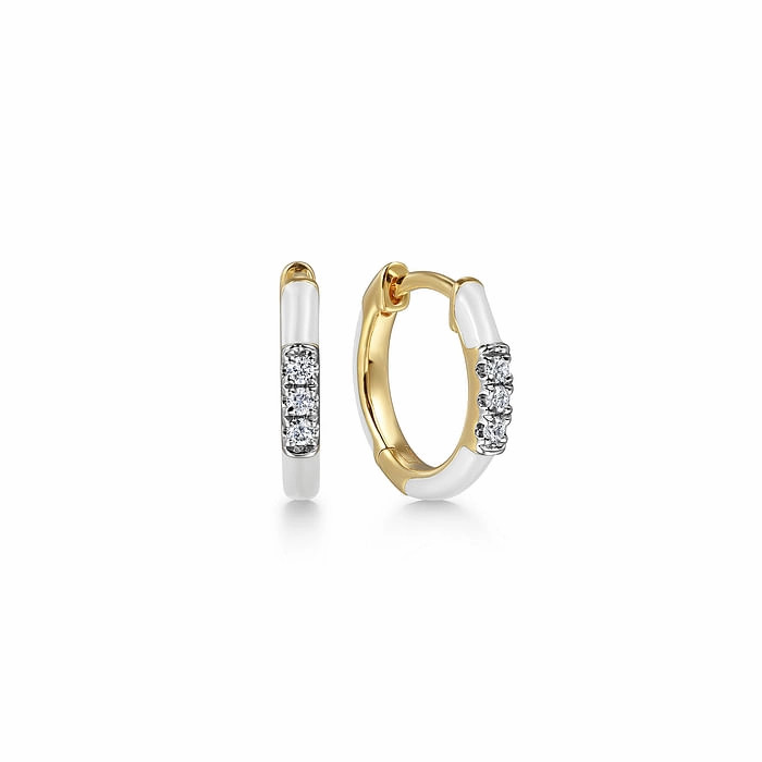 Refined Detailing Enamel - 14K Yellow Gold Diamond Huggie with White Enamel