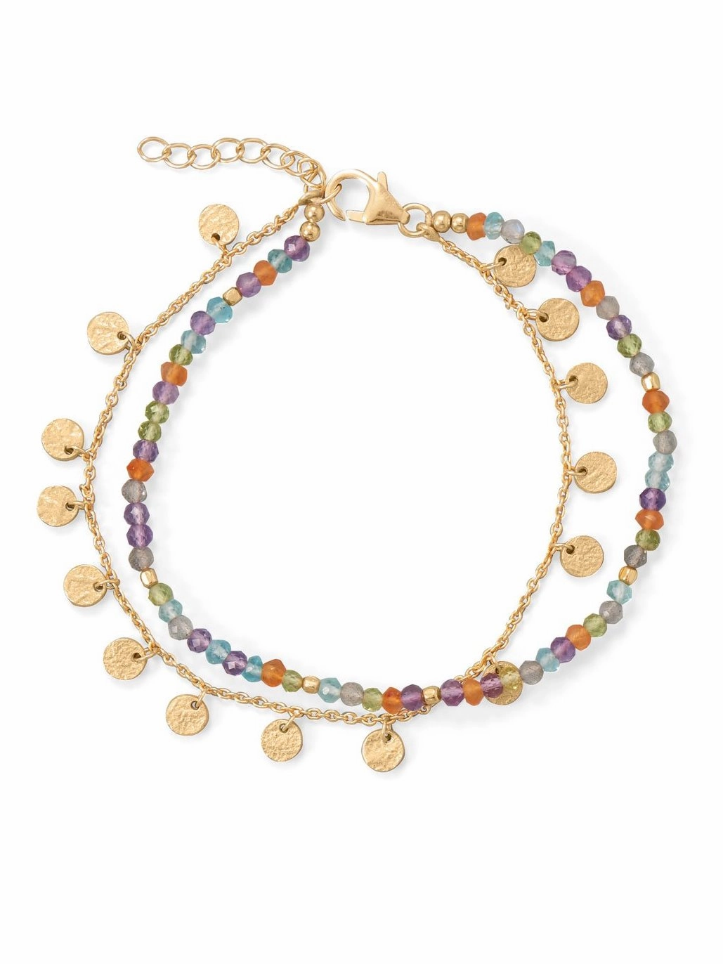 Elegant feature Multistone 2-strand Gold-plated Silver Bracelet with Gold Disks Adjustable