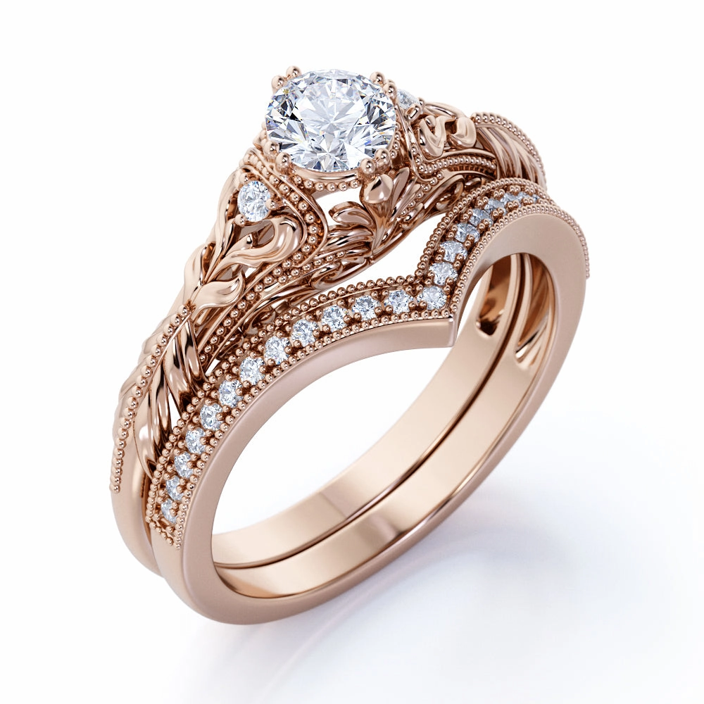 Engraved .68 Carat Round Cut Real Diamond Victorian-Inspired Wedding Ring Set with Chevron Wedding Band in 10k White Gold Classic Article Unique Insignia