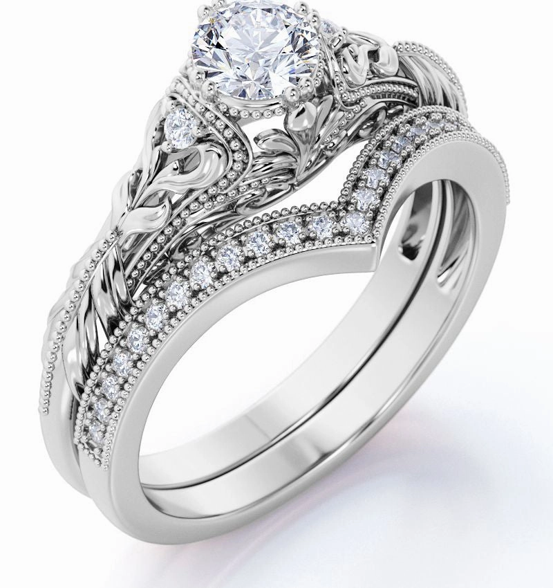 Engraved .68 Carat Round Cut Real Diamond Victorian-Inspired Wedding Ring Set with Chevron Wedding Band in 10k White Gold Beautiful Statement Stylish Token