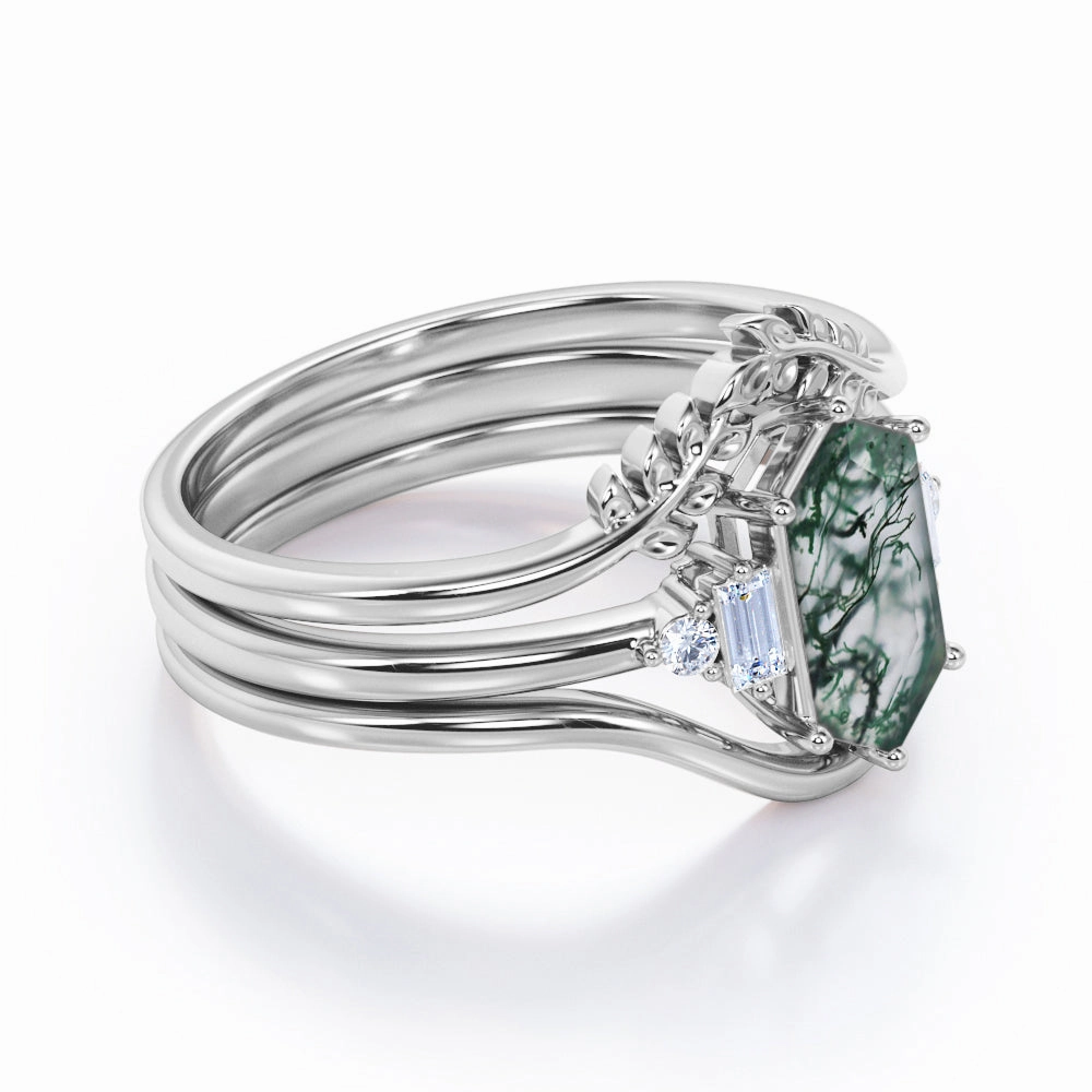 Engraved Leaf 0.8 Carat Hexagon Moss Agate Trio Set Artisan Decoration