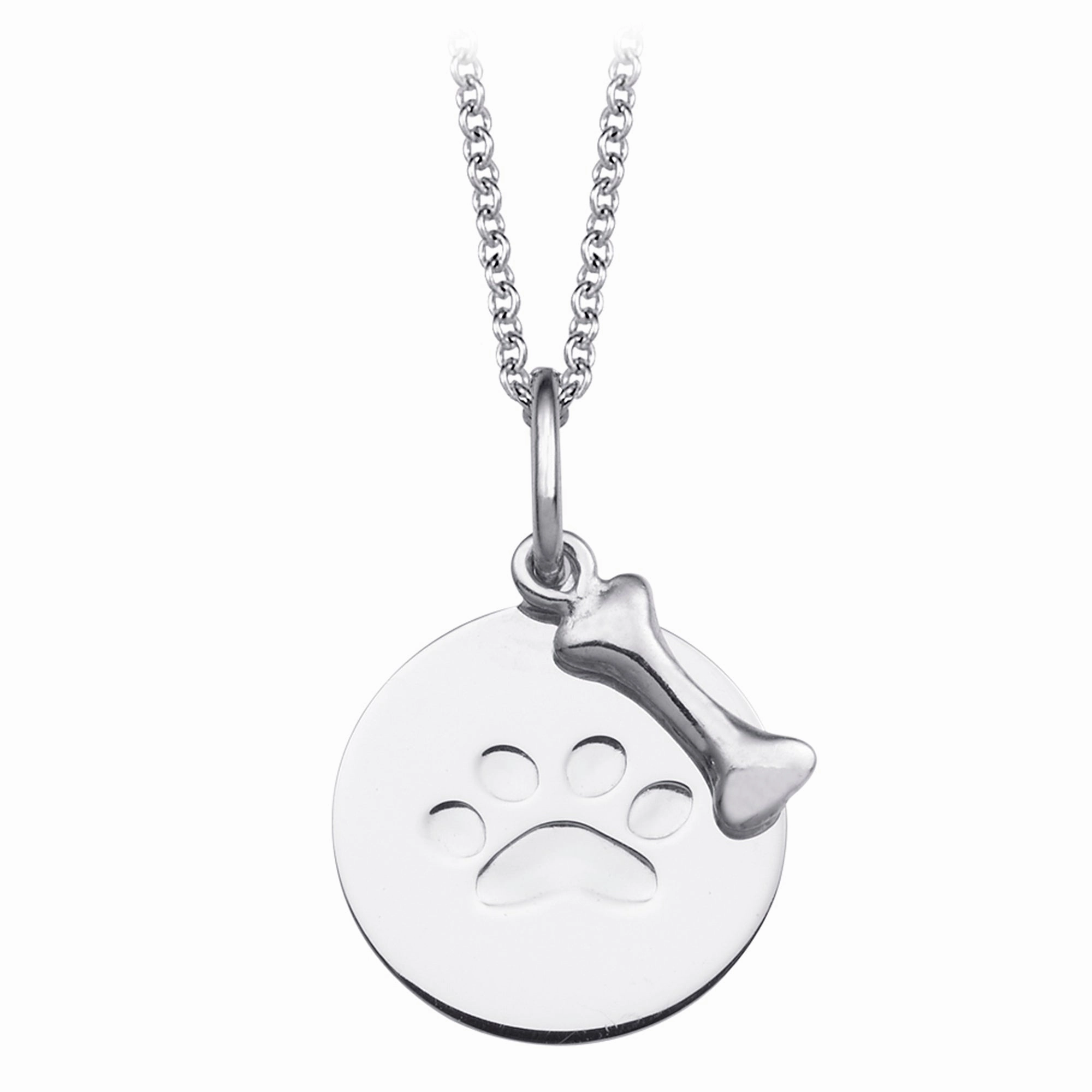 Weekend Present Stone Accessory Engraved Paw Print Necklace with Bone Charm Rhodium-plated Sterling Silver