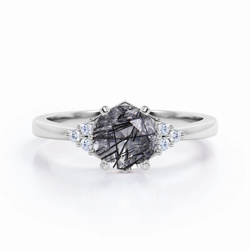 1.25 ct Round Black Rutilated Quartz Seven Stone Engagement Ring Lightweight Decoration