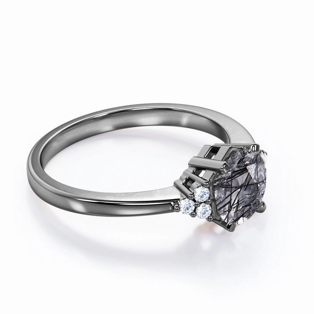 1.25 ct Round Black Rutilated Quartz Seven Stone Engagement Ring HighEnd Gift