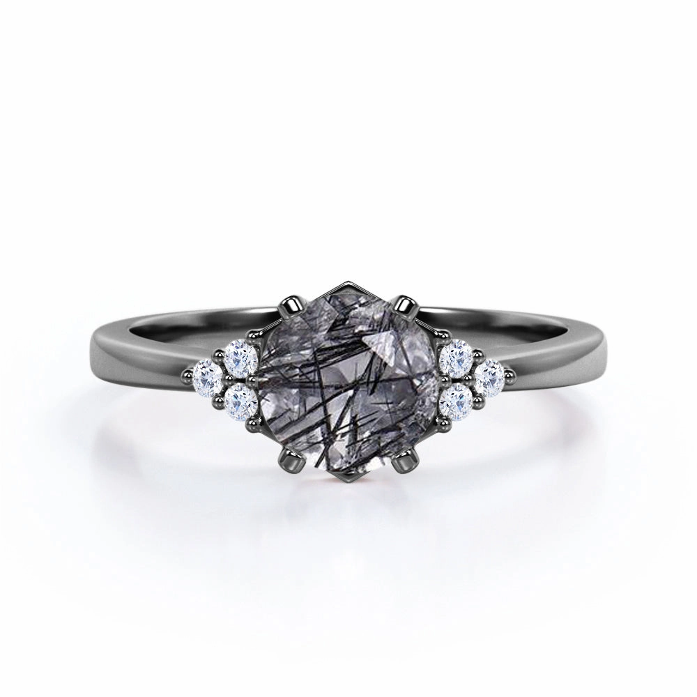 1.25 ct Round Black Rutilated Quartz Seven Stone Engagement Ring Strong Statement