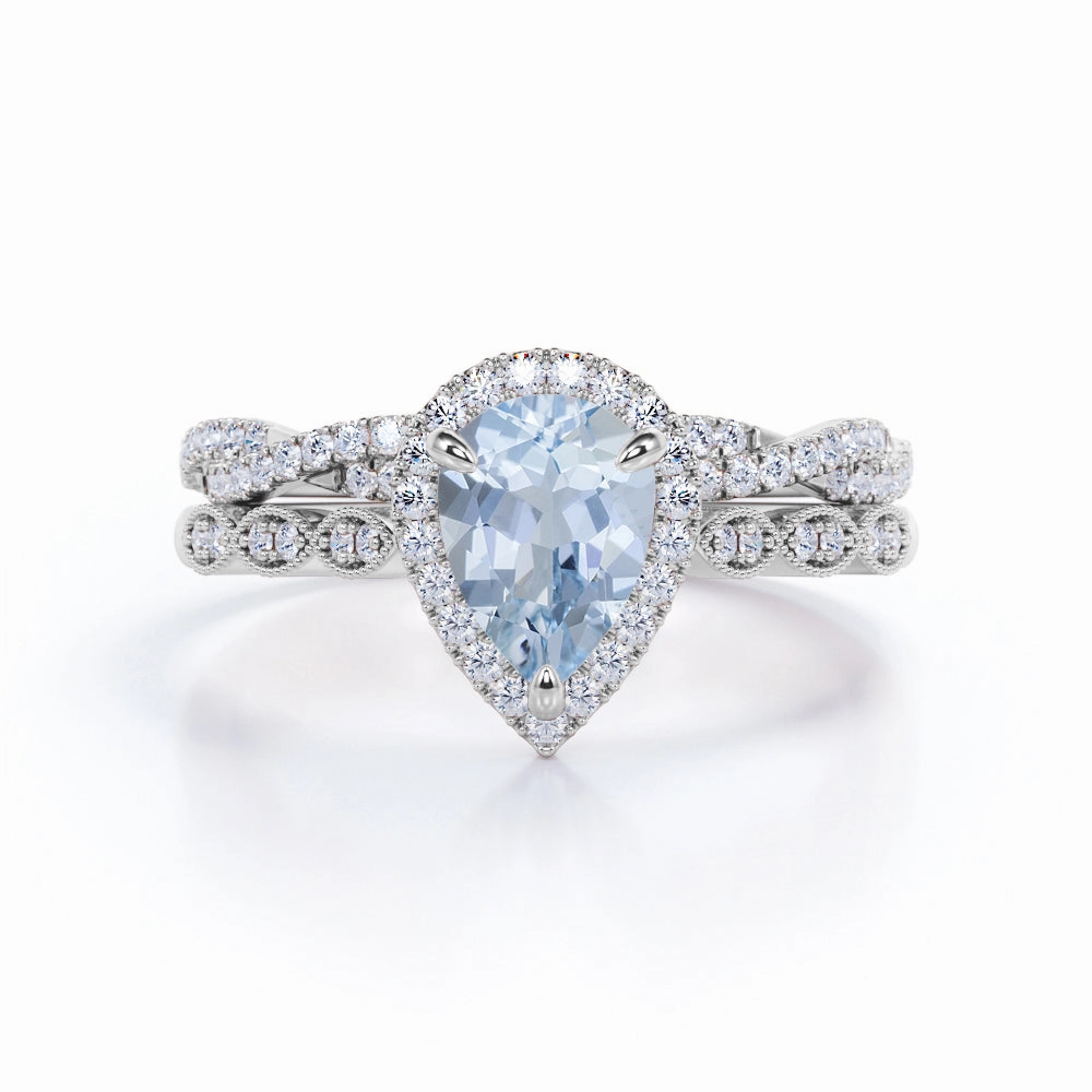 Everyday Wear 1.65 ct Pear Aquamarine Art Deco Infinity Wedding Ring Set