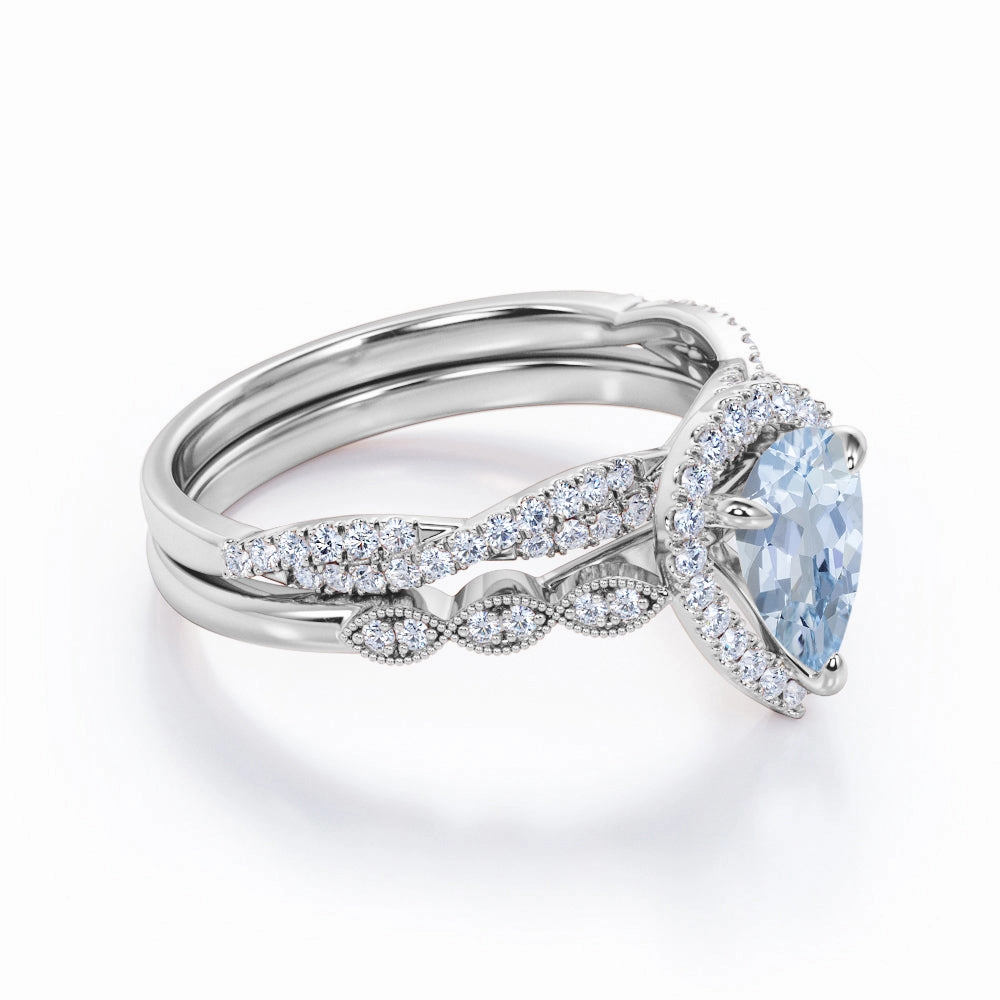 Coated Material 1.65 ct Pear Aquamarine Art Deco Infinity Wedding Ring Set