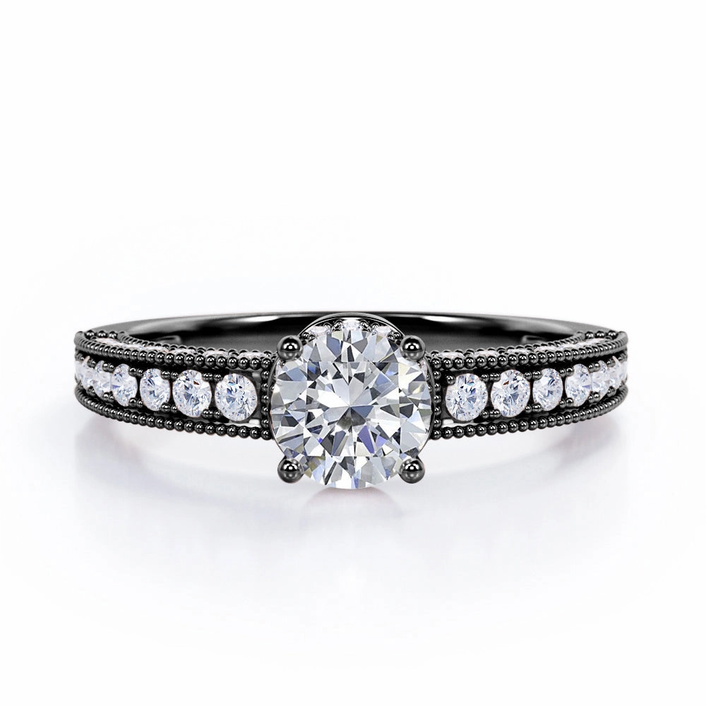 Prong Set 0.50 Carat Round Cut Diamond Vintage Milgrain Engagement Ring In White Gold Sparkling look 21st Century