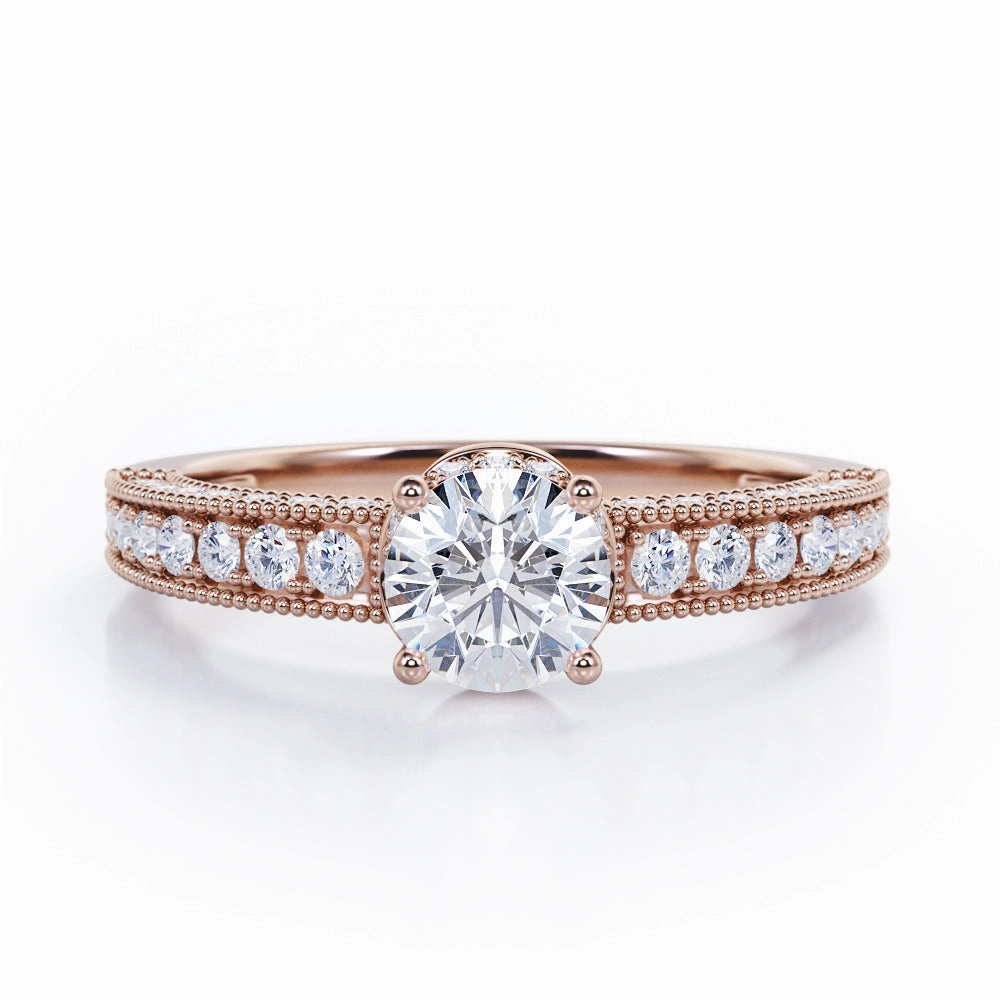 Value Design Expert Artistry Prong Set 0.50 Carat Round Cut Diamond Vintage Milgrain Engagement Ring In White Gold