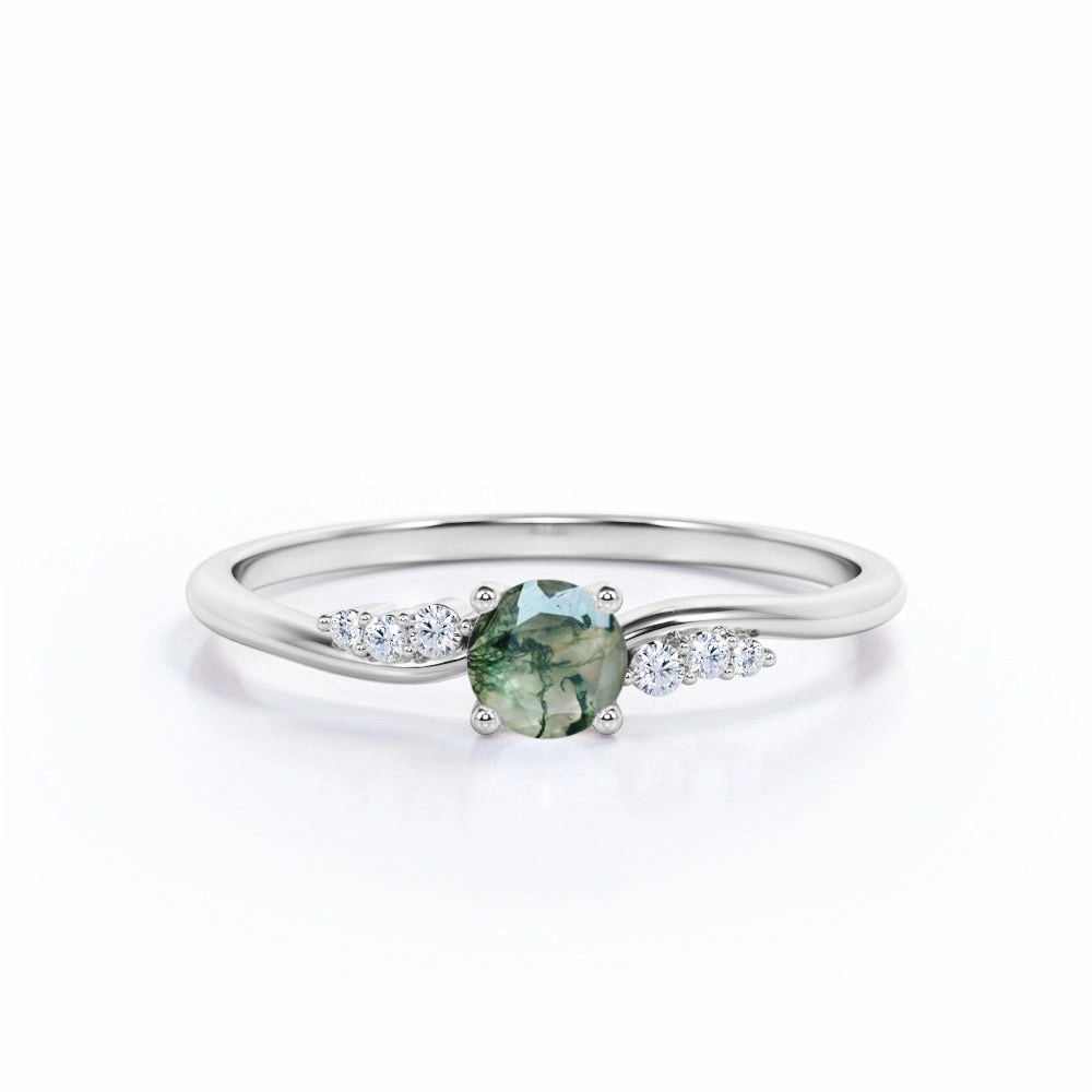 7 Stone 0.55 Carat Round Moss Agate Engagement Ring Convenient Appearance