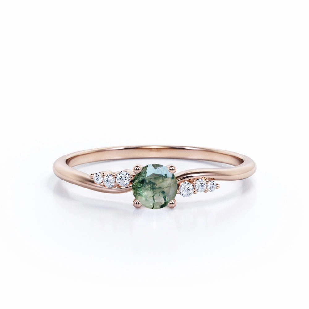 Metallic Sheen 7 Stone 0.55 Carat Round Moss Agate Engagement Ring