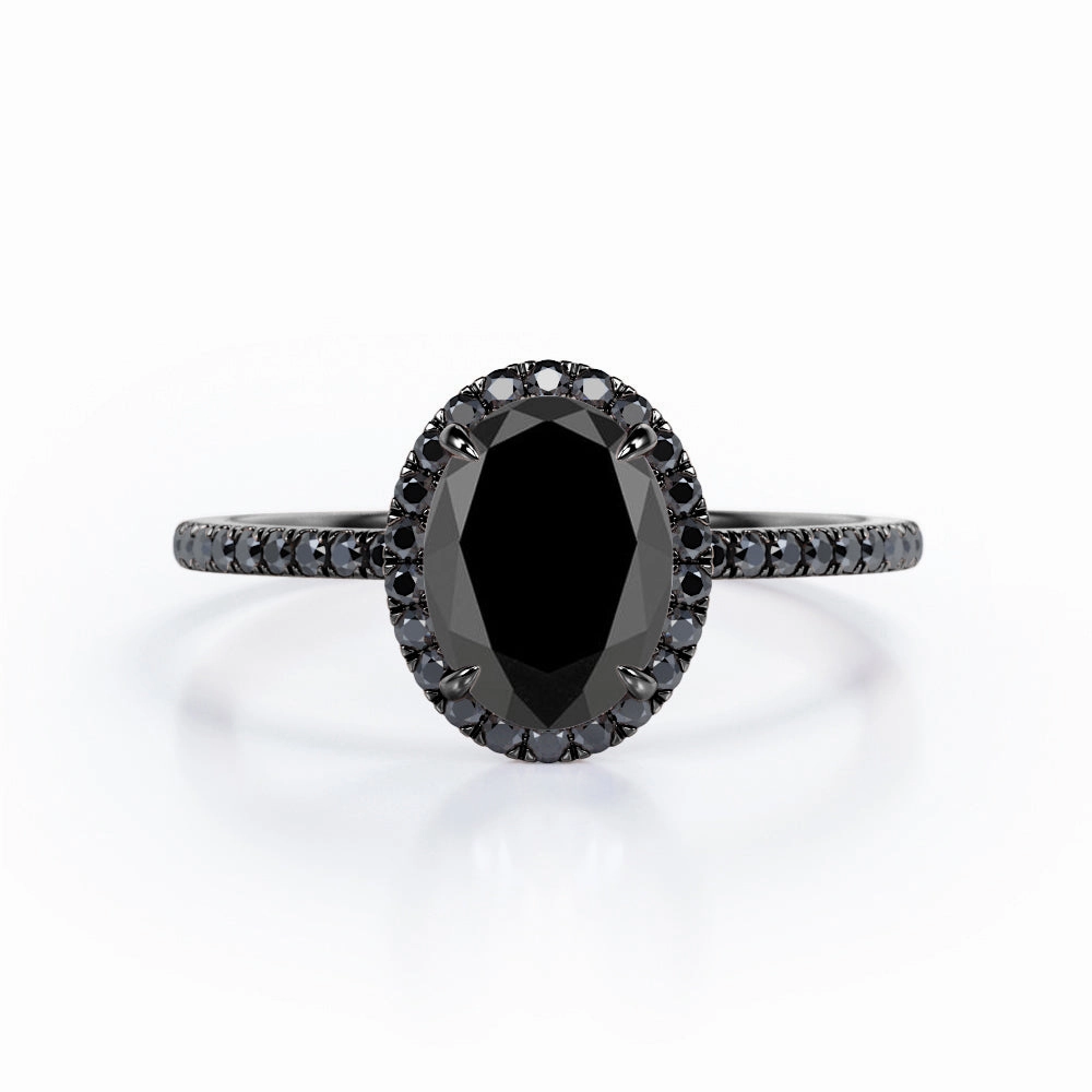 Classic Article Economical Product 1.5 ct Oval Lab Black Diamond Halo Pave Engagement Ring