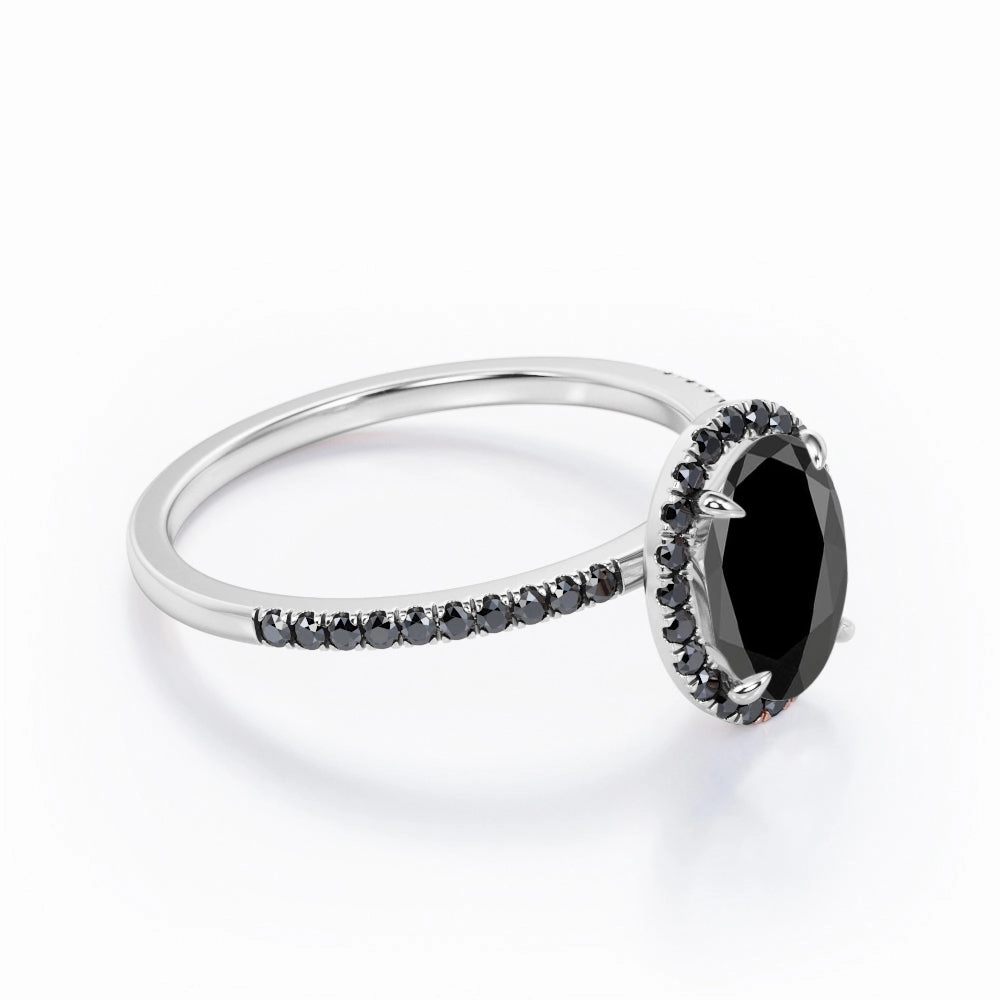 1.5 ct Oval Lab Black Diamond Halo Pave Engagement Ring Eternal Piece