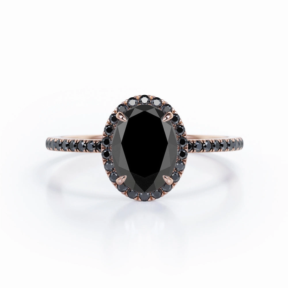 1.5 ct Oval Lab Black Diamond Halo Pave Engagement Ring Minimal Contour