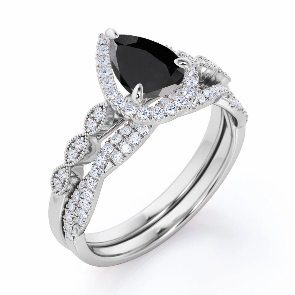1.25 ct Pear Lab Black Diamond Art Deco Wedding Ring Set Meaningful Object Vintage Product