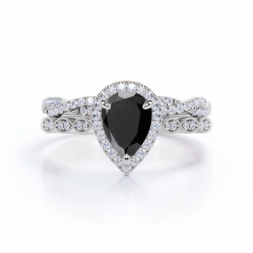 Simple Accent 1.25 ct Pear Lab Black Diamond Art Deco Wedding Ring Set