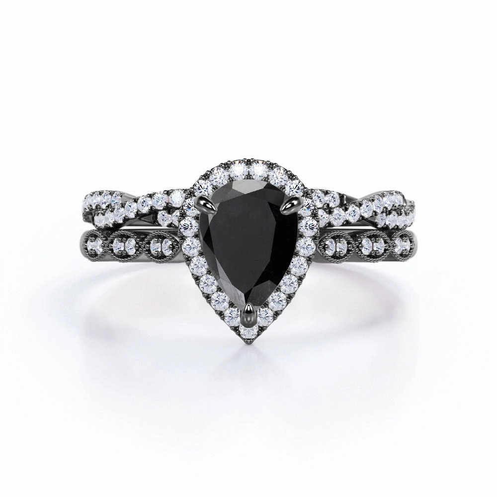 Inspired Style 1.25 ct Pear Lab Black Diamond Art Deco Wedding Ring Set