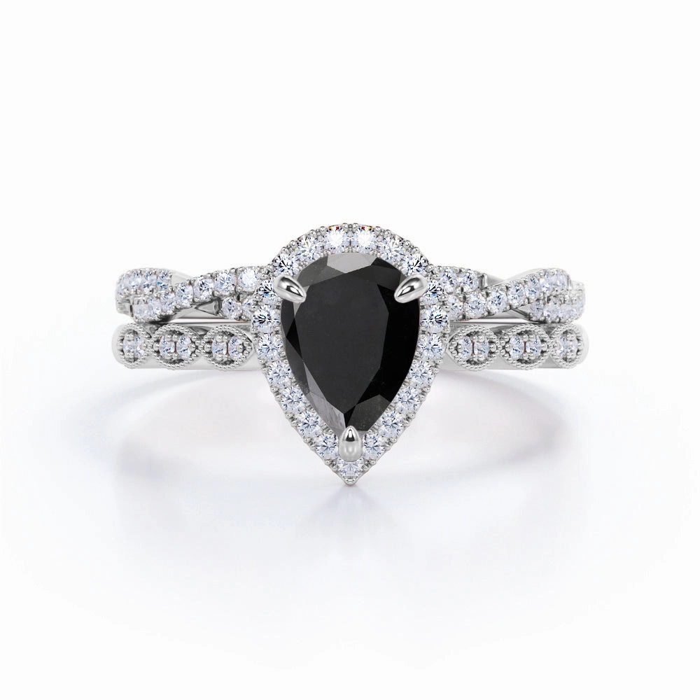 Polished Structure 1.25 ct Pear Lab Black Diamond Art Deco Wedding Ring Set