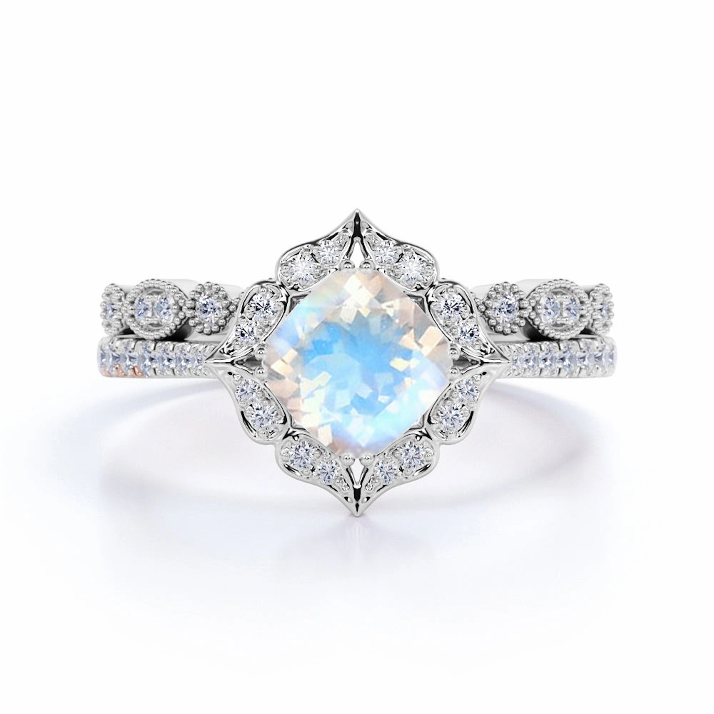 Stylish Mark 1.75 ct Cushion Rainbow Moonstone Vintage Bridal Set