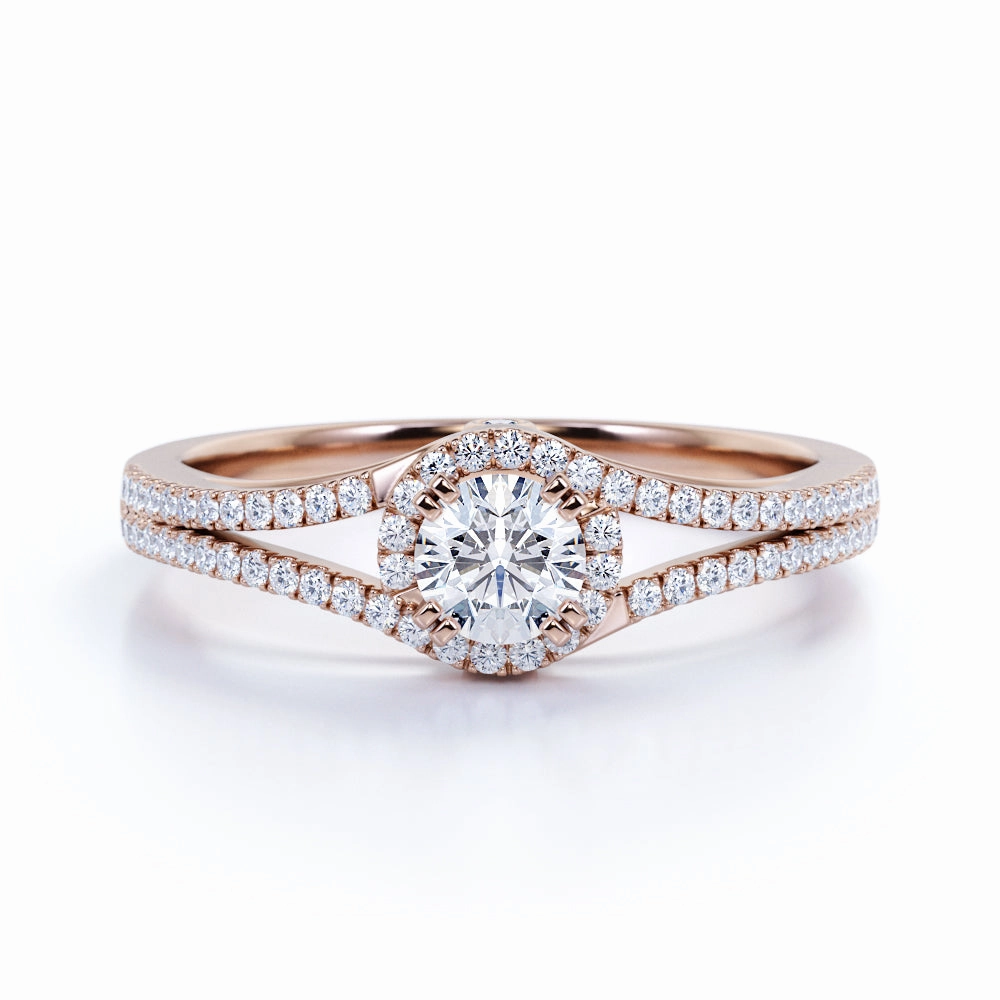 Real Item .83 ct Round Engagement Ring - Round Cut Real Diamond - Split Shank - Halo Ring - 10K Rose Gold