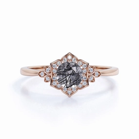 Unique Gift Floral 1.25 ct Round Black Rutilated Quartz Bezel Engagement Ring