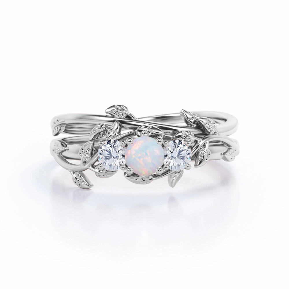 Shiny Feature 0.75 Ct Round Cut Lab Created Opal Floral Wedding Ring Set