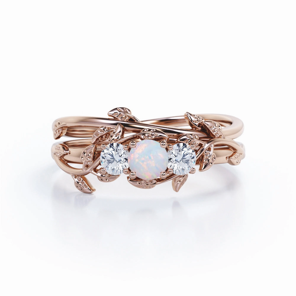 Budget Design 0.75 Ct Round Cut Lab Created Opal Floral Wedding Ring Set