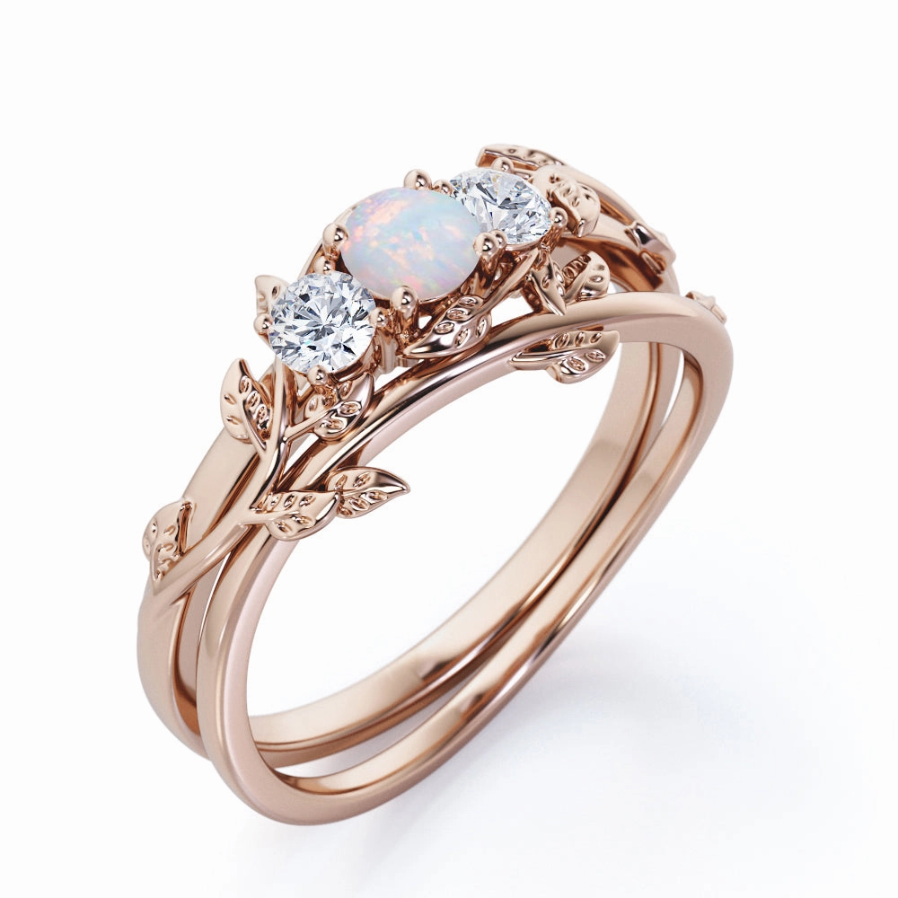 Premium Style 0.75 Ct Round Cut Lab Created Opal Floral Wedding Ring Set