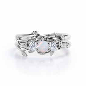 Shiny Feature 0.75 Ct Round Cut Lab Created Opal Floral Wedding Ring Set