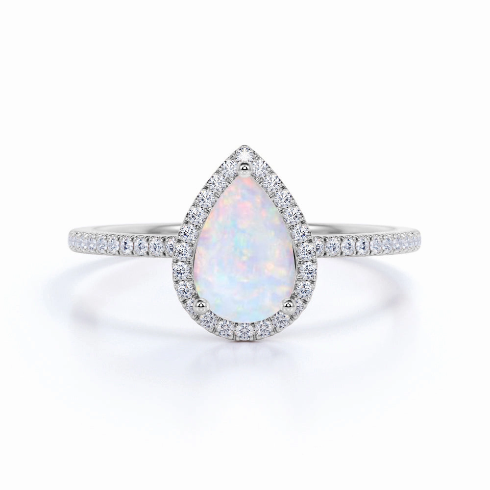 1.50 ct Teardrop Fire Opal and Moissanite Halo Wedding Ring in 18k White Gold over Silver Sentimental Symbol