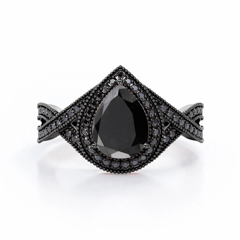 1.5 ct Teardrop Lab Black Diamond Halo Infinity Engagement Ring Evening Look Winter Look