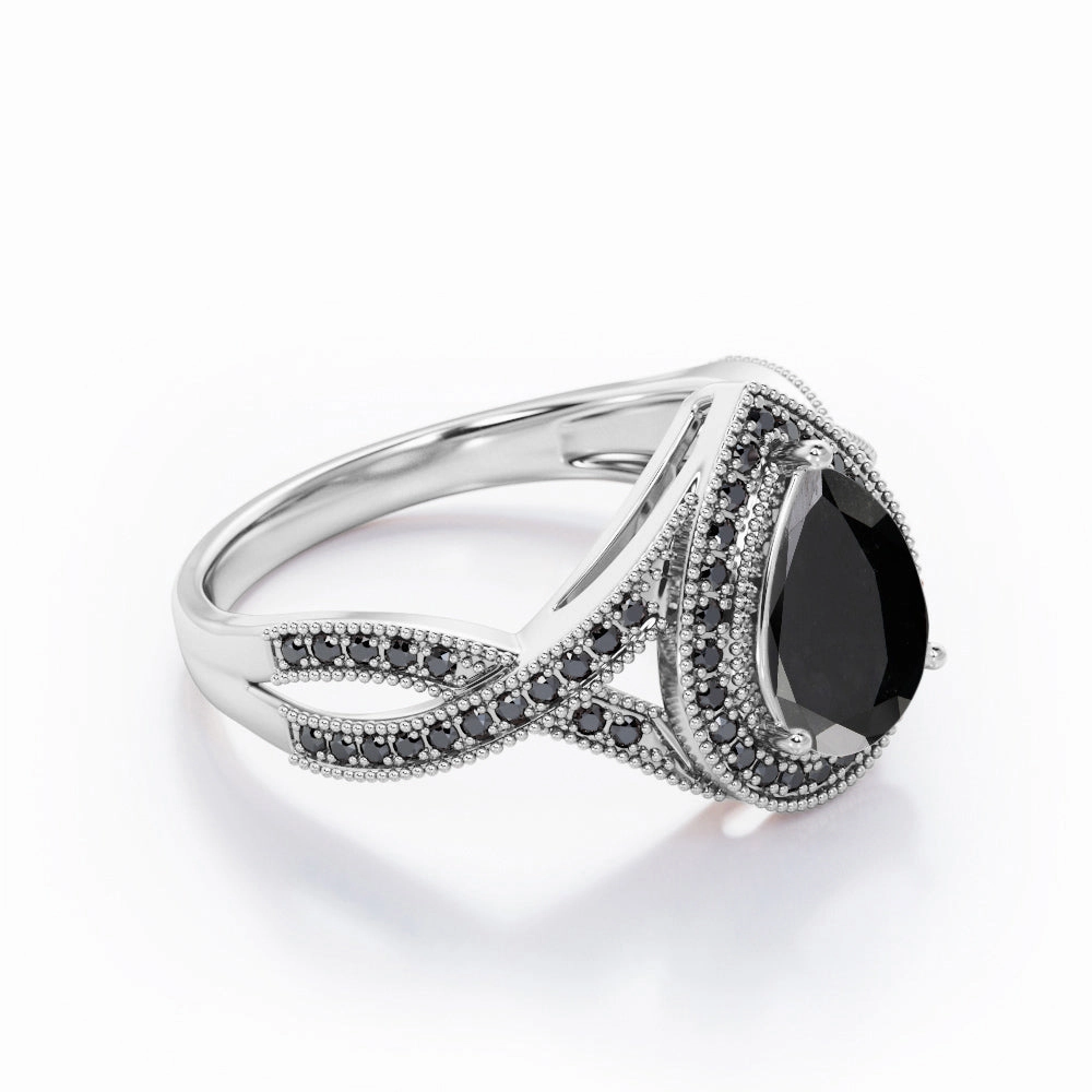 1.5 ct Teardrop Lab Black Diamond Halo Infinity Engagement Ring Mass market Warranty Included