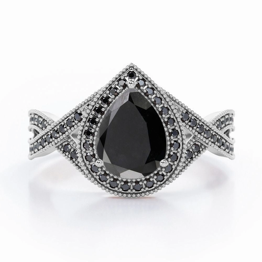 1.5 ct Teardrop Lab Black Diamond Halo Infinity Engagement Ring Delicate Ornament Chic Accent