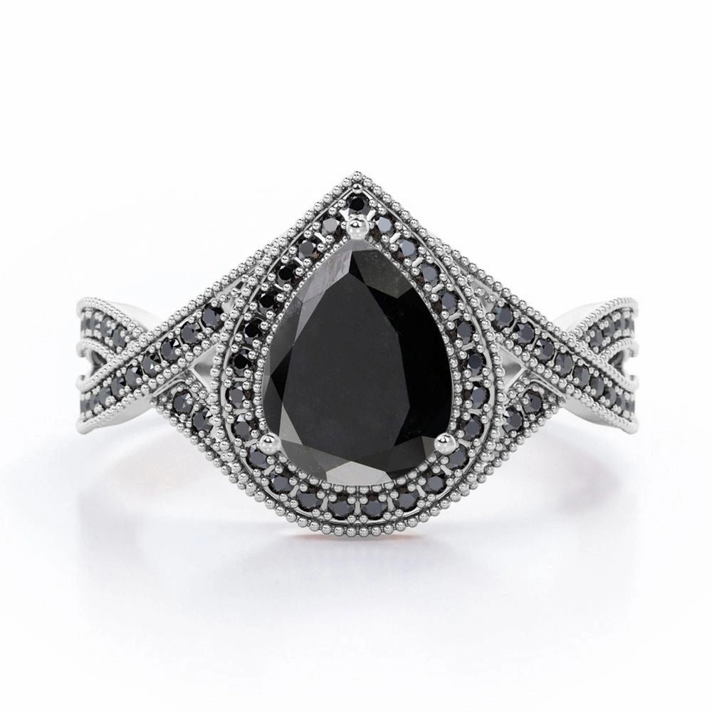 Medieval Design Luxury Gift 1.5 ct Teardrop Lab Black Diamond Halo Infinity Engagement Ring