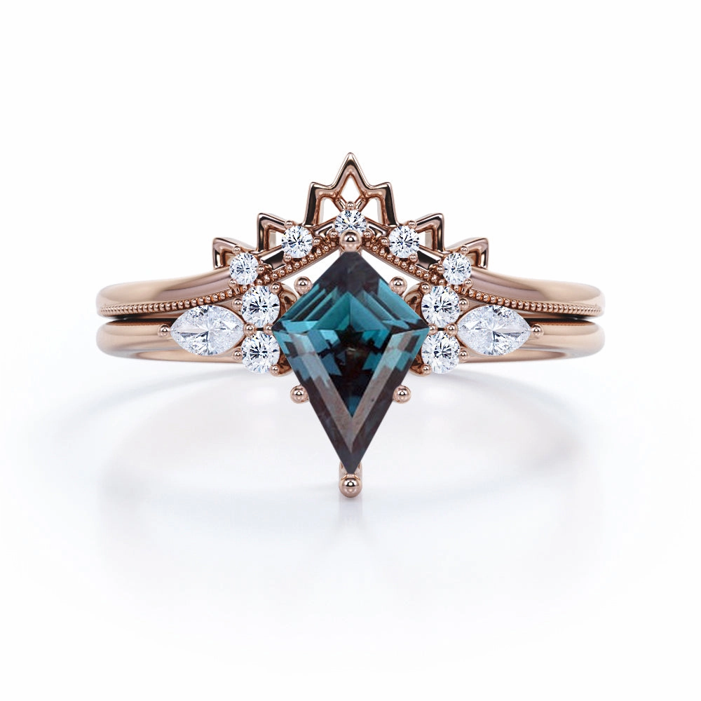 Delightful Gift Simple Keepsake 1 Ct Kite Cut Lab Alexandrite Filigree Bridal Set