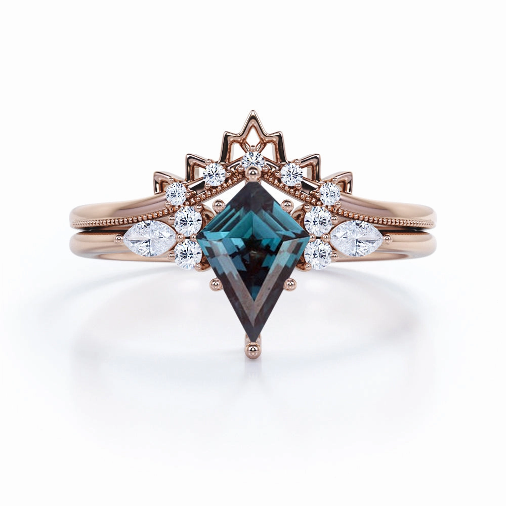 Delicate Emblem Graceful Look 1 Ct Kite Cut Lab Alexandrite Filigree Bridal Set