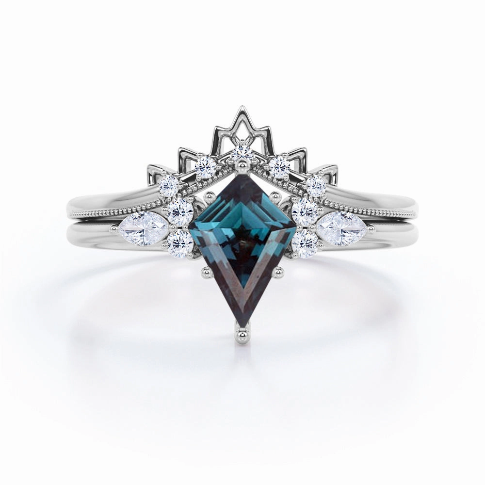 1 Ct Kite Cut Lab Alexandrite Filigree Bridal Set Winter Fashion Dainty Feel