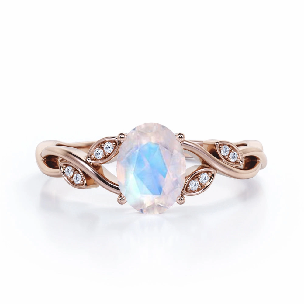 1.1 ct Oval Moonstone Curly Branch Engagement Ring Brilliant Embellishment refined design