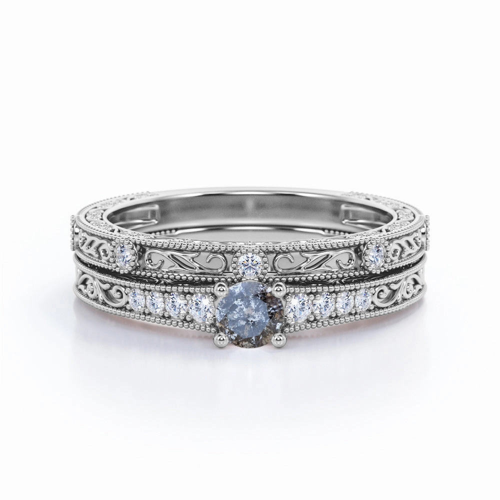 Minimal Form Art Deco 0.55 Ct Round Salt and Pepper Diamond Wedding Ring Set