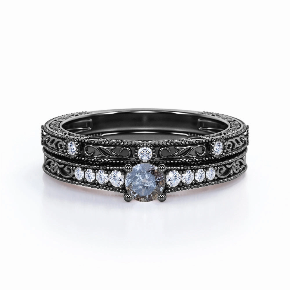 Art Deco 0.55 Ct Round Salt and Pepper Diamond Wedding Ring Set Classic Sparkle Elegant Creation