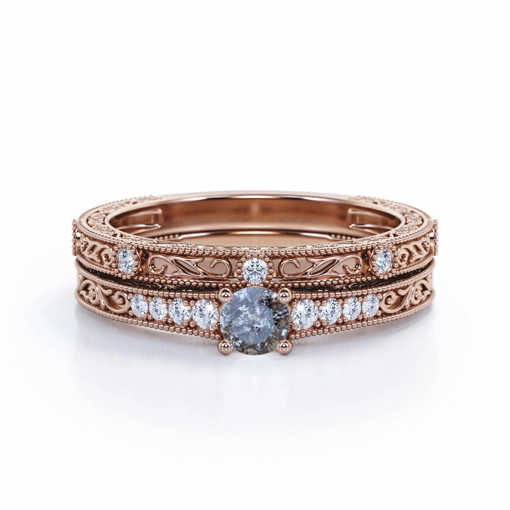 Romantic Spark Elegant Trinket Art Deco 0.55 Ct Round Salt and Pepper Diamond Wedding Ring Set