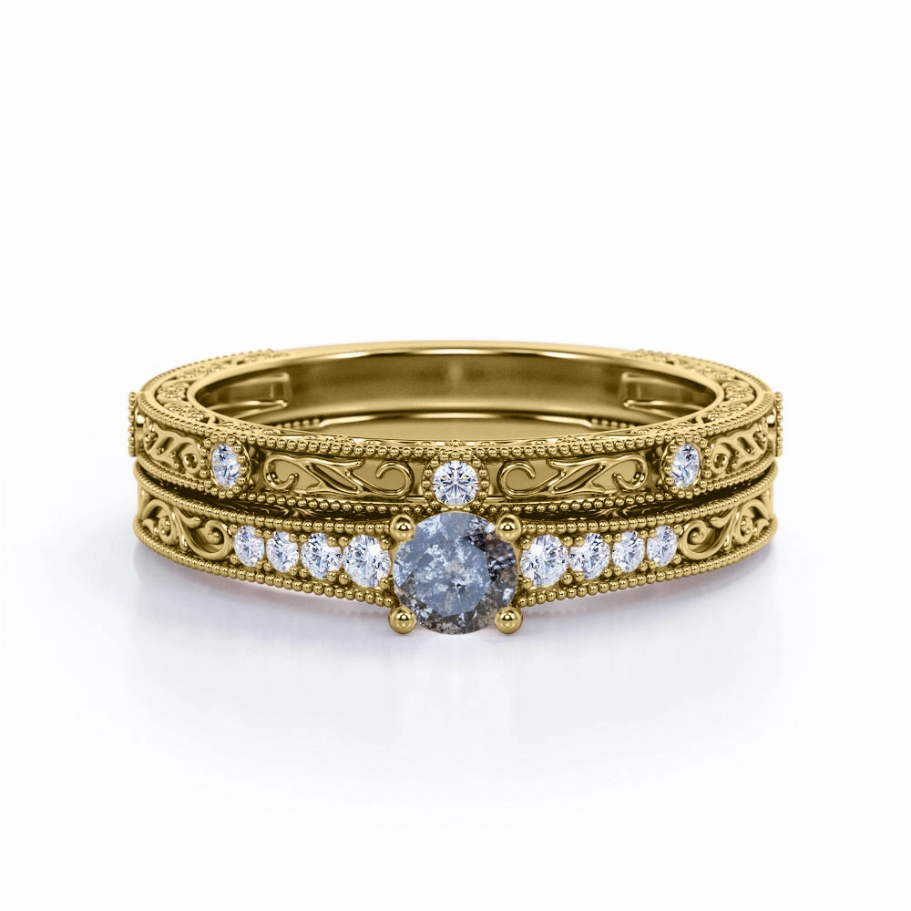 Art Deco 0.55 Ct Round Salt and Pepper Diamond Wedding Ring Set Amazing Article