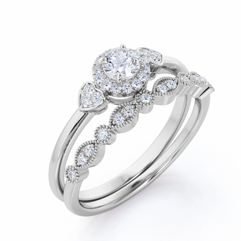 0.60 Carat Round Cut Diamond Halo Wedding Ring Set In White Gold International Standard Classic Trinket