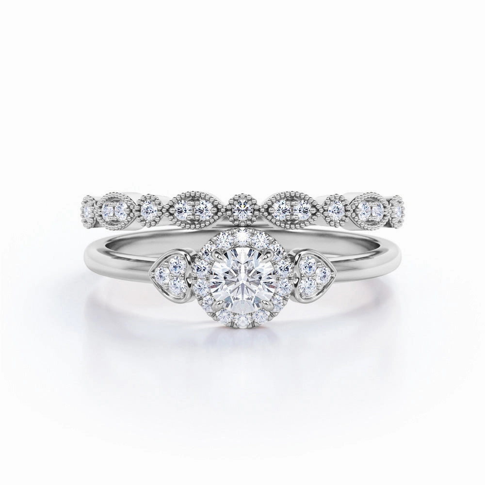 0.60 Carat Round Cut Diamond Halo Wedding Ring Set In White Gold Gift Ready Style Chic Craft
